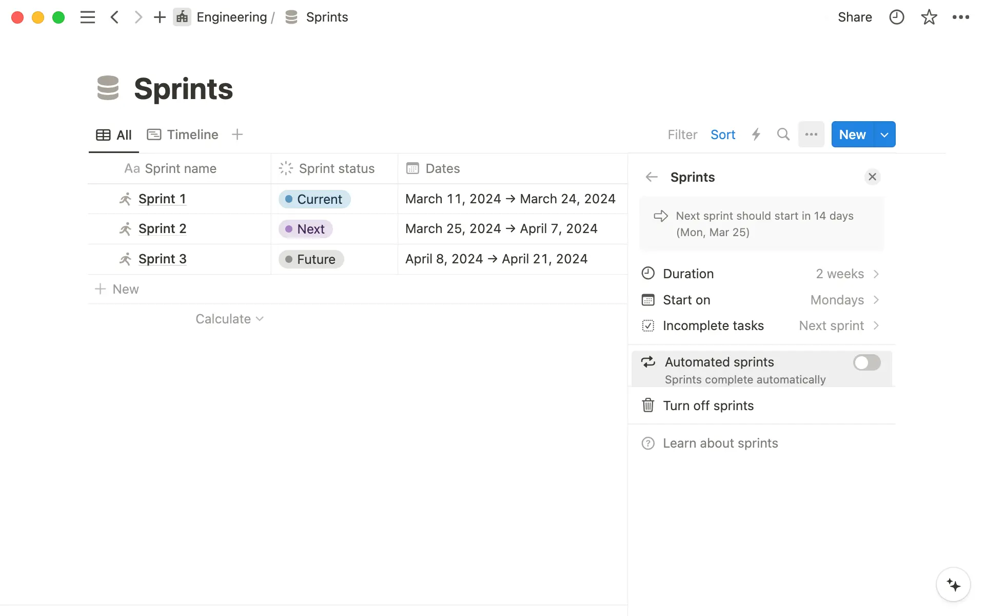 Captura de pantalla principal de sprints
