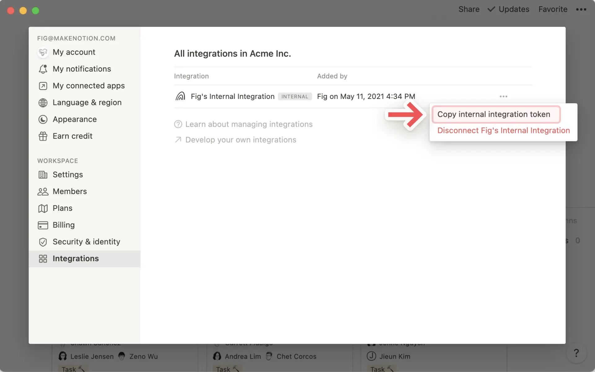 Añadir y administrar integraciones - token de integración interna