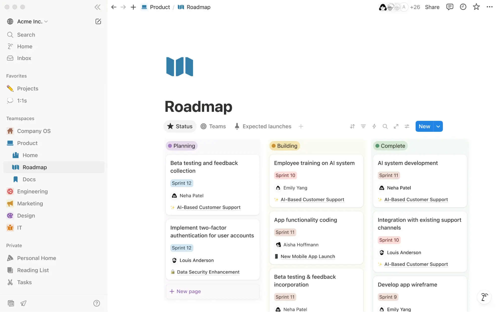 An example of a Notion Roadmap that links to specific sprints and teams