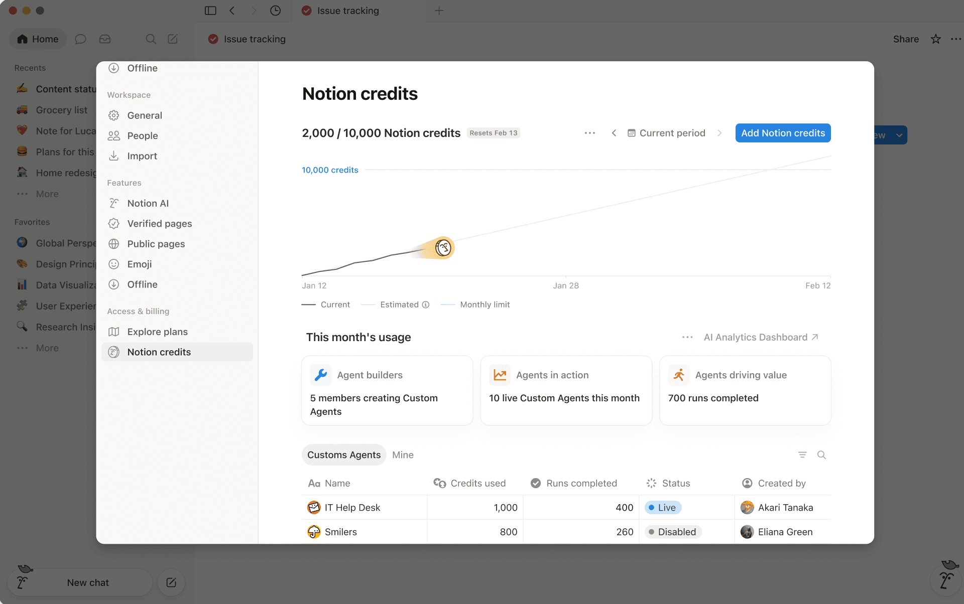 Click the blue “Add Notion credits” button on your dashboard to buy credits.