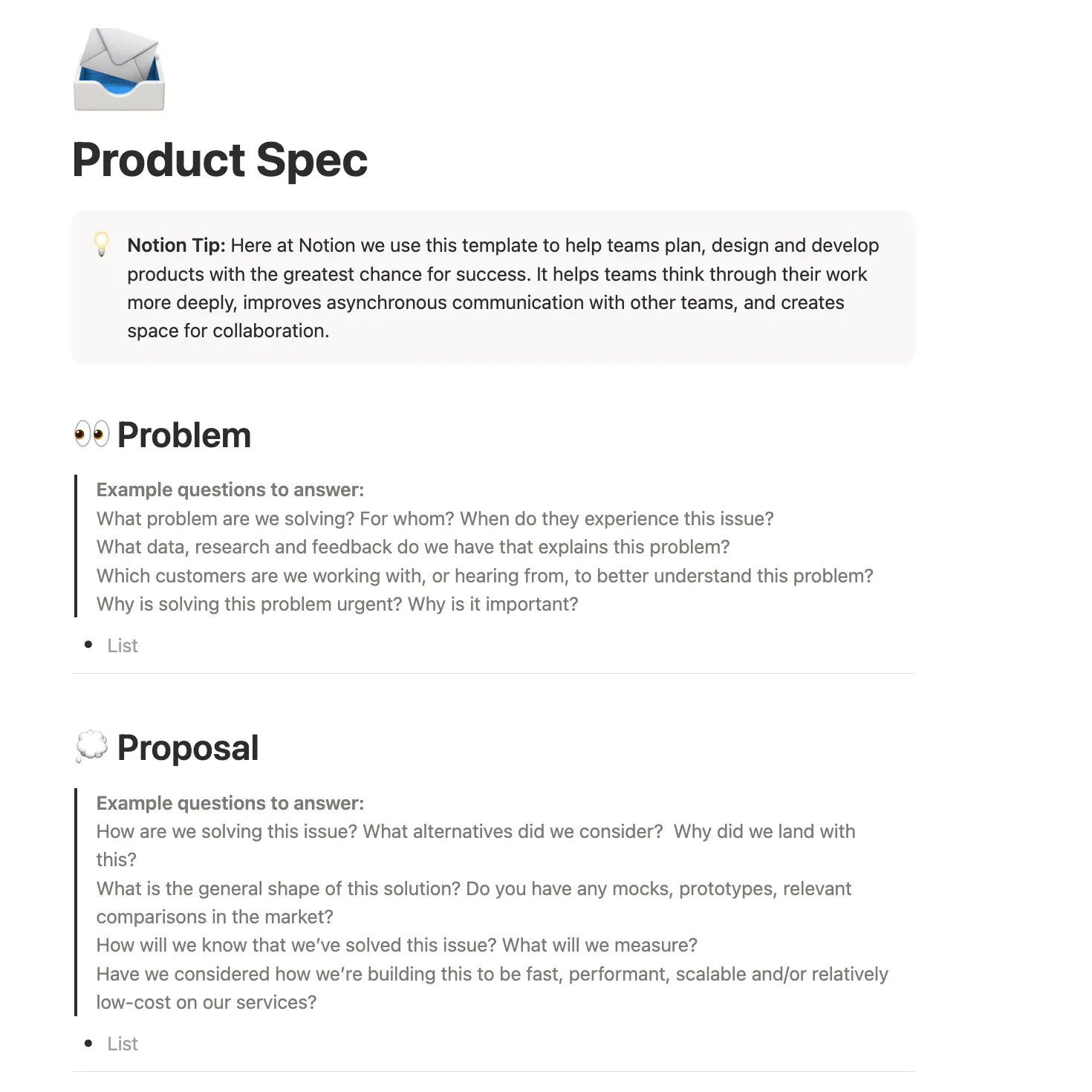 Notion’s product spec template, which shows a problem section with example questions