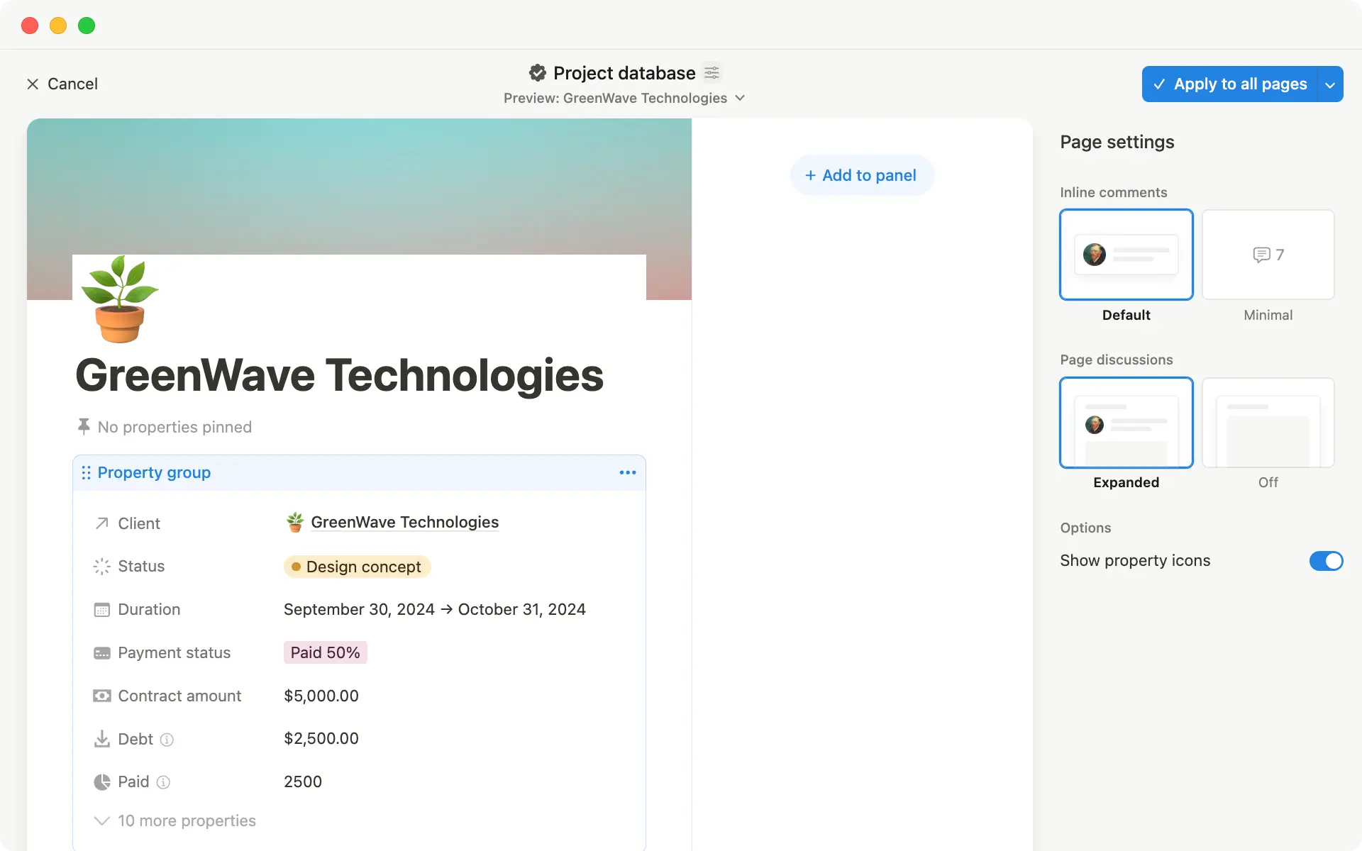 El creador de diseños te permite personalizar todo lo relacionado con la página de tu base de datos, desde fijar propiedades hasta crear un nuevo panel lateral.