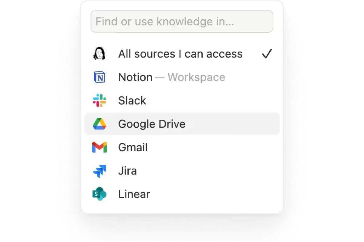 A drop-down of the source options that are available in Notion’s Enterprise Search feature.