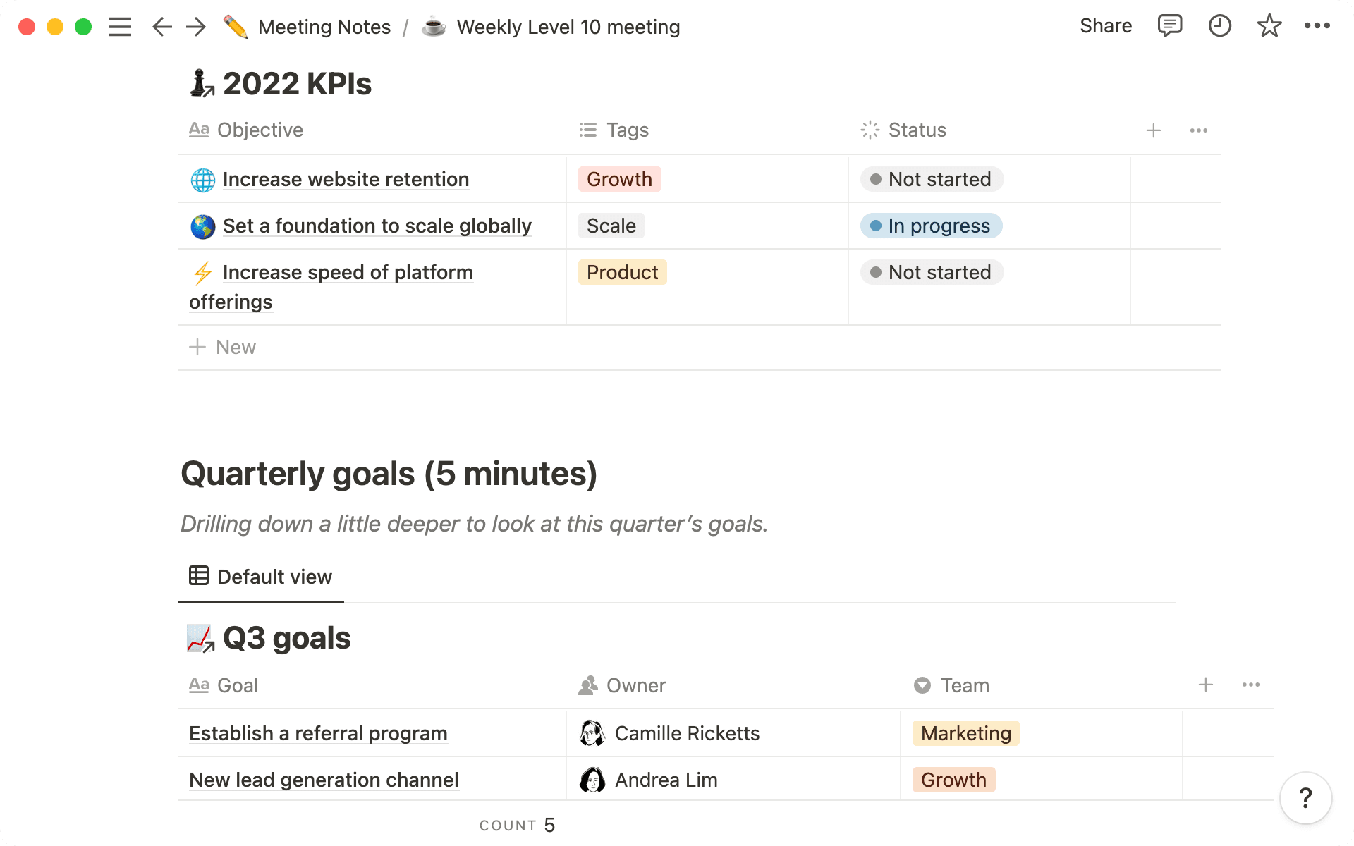 Puedes extraer los objetivos de cualquier otra parte de Notion utilizando la base de datos enlazada.