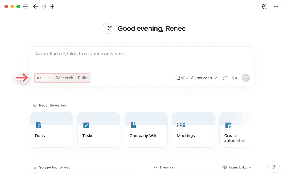 Dependiendo de tus necesidades, puedes pedirle a la IA de Notion que encuentre respuestas, investigue temas y genere informes, o que cree una base de datos por ti.