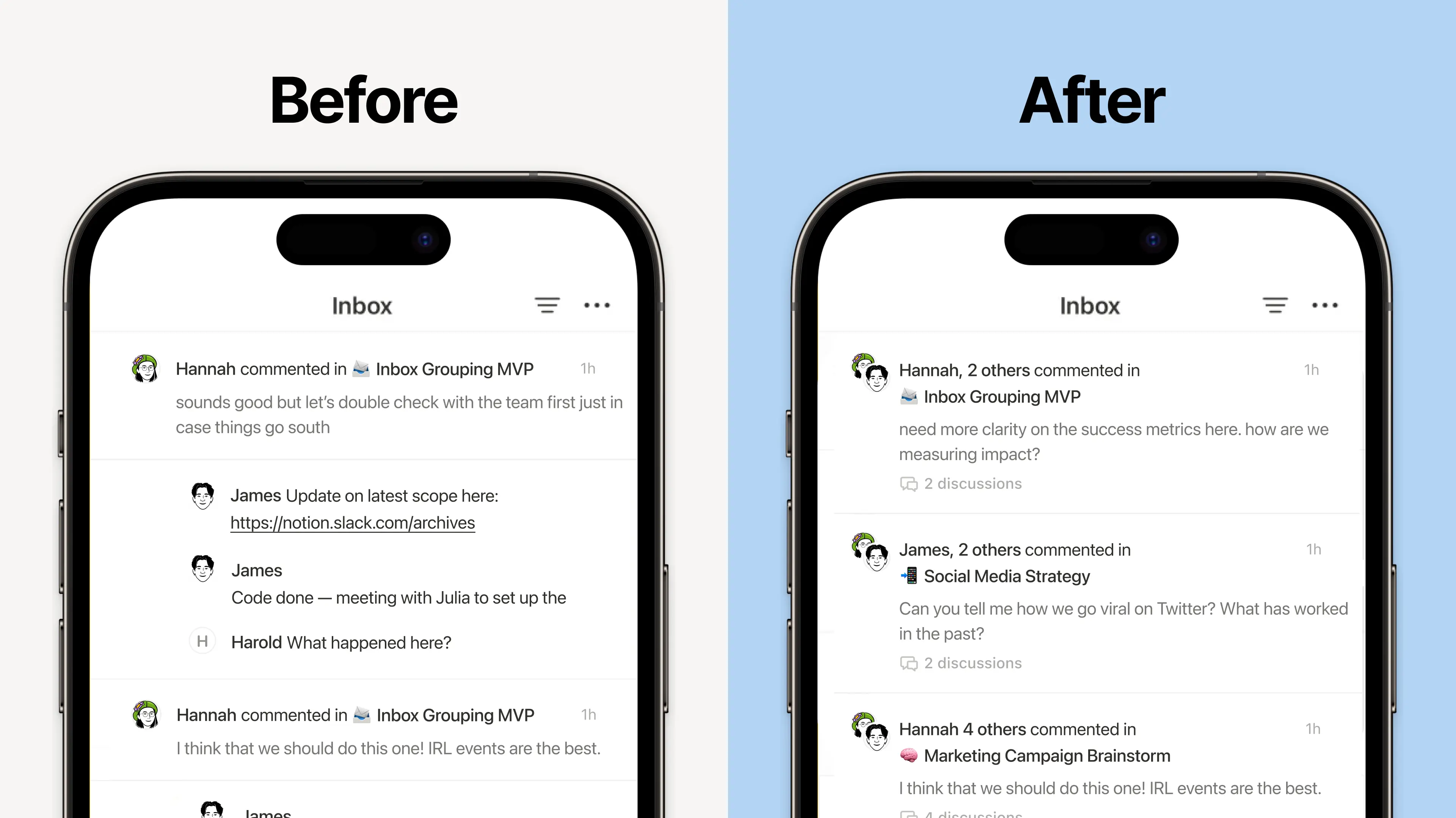 Las nuevas notificaciones agrupadas en tu bandeja de entrada ofrecen un diseño más compacto y fácil de leer. Podrás ver con más claridad lo que requiere tu atención y acceder rápidamente a los últimos comentarios.