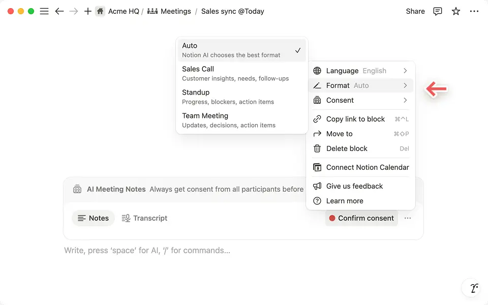 Elige la opción de formato para tu reunión para que la IA de Notion pueda organizar tu conversación de manera más efectiva.