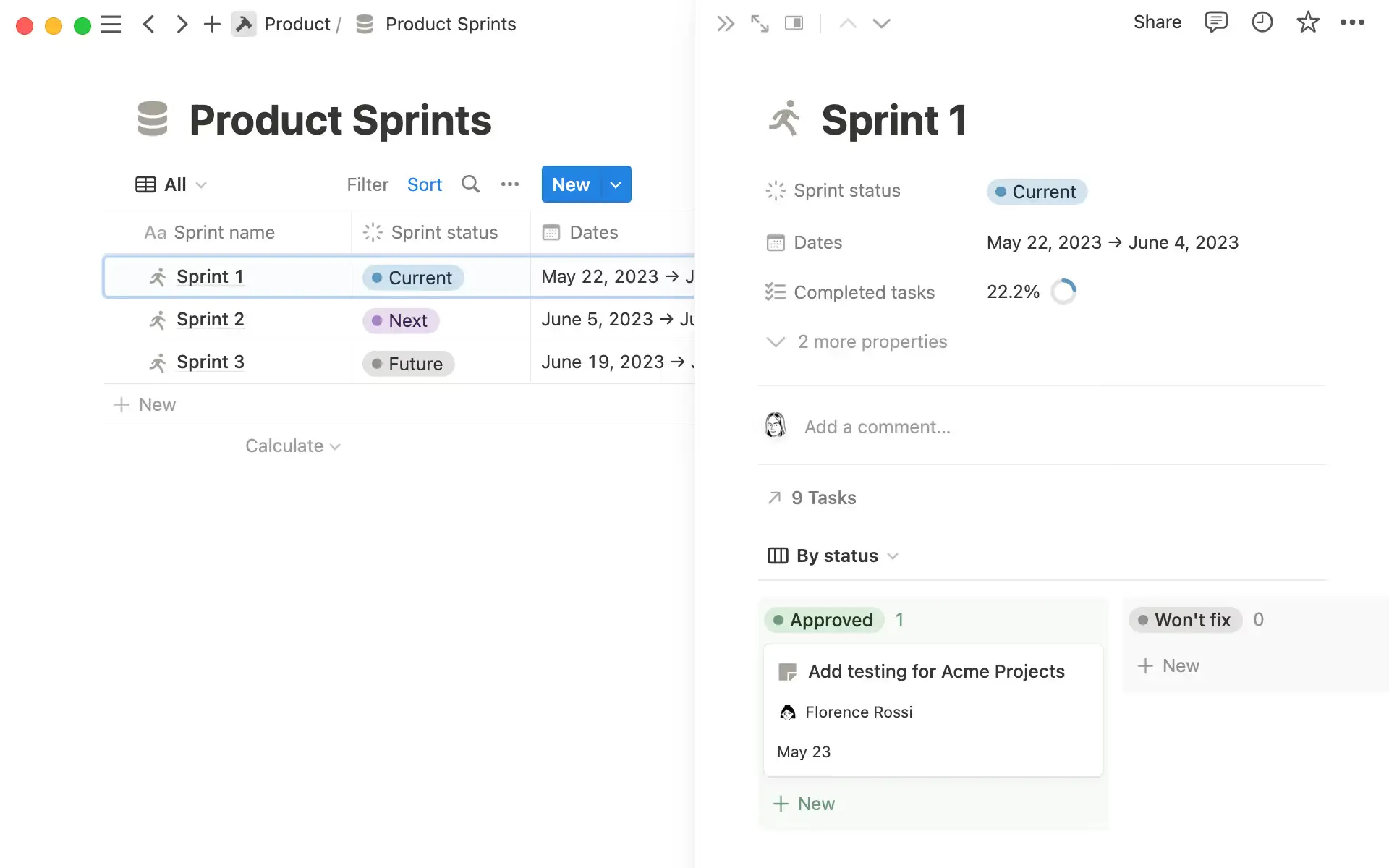 Sprint progress and details in Notion