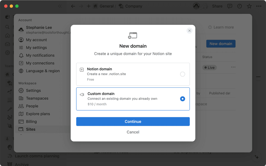 Conectar um domínio personalizado ao Notion Sites