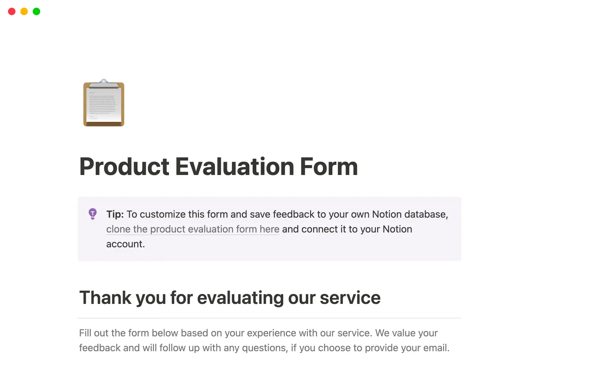Notion’s product evaluation form template