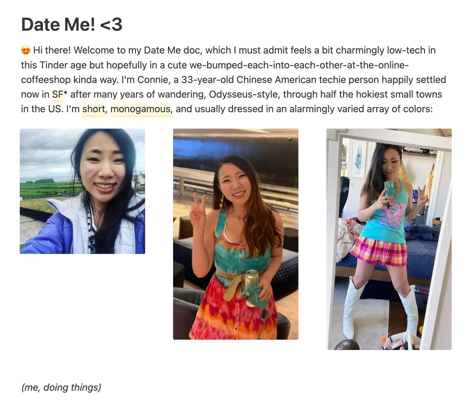 A glimpse of how Connie's used her date-me doc to describe her vibrant personality.