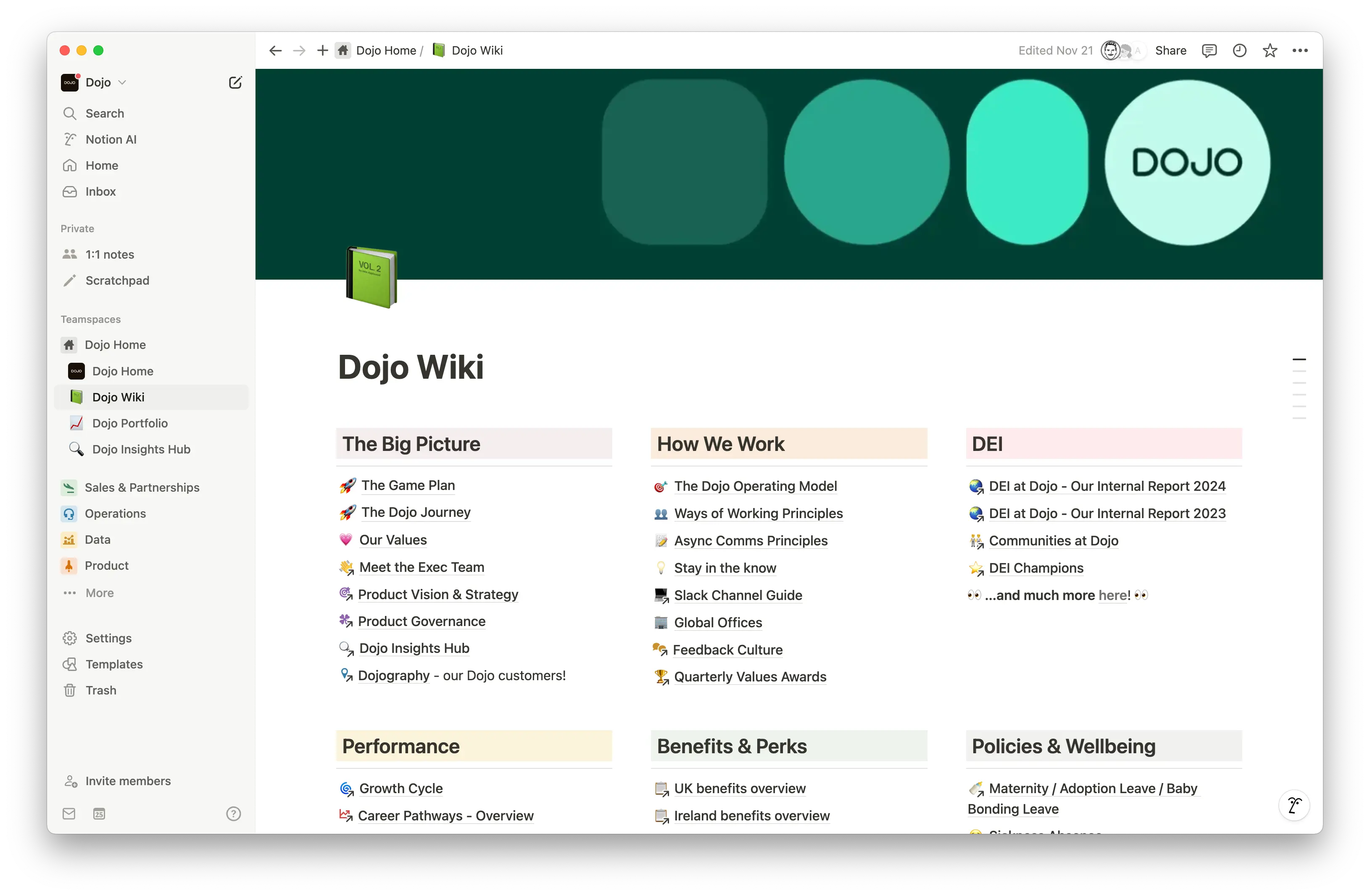 Dojo's wiki in Notion serves as their central knowledge hub where teams can easily find, update and share essential company information—replacing their static intranet with a dynamic, searchable workspace.