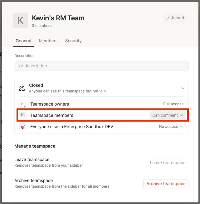 ca: cambiar el nivel de acceso de los miembros en un espacio de equipo