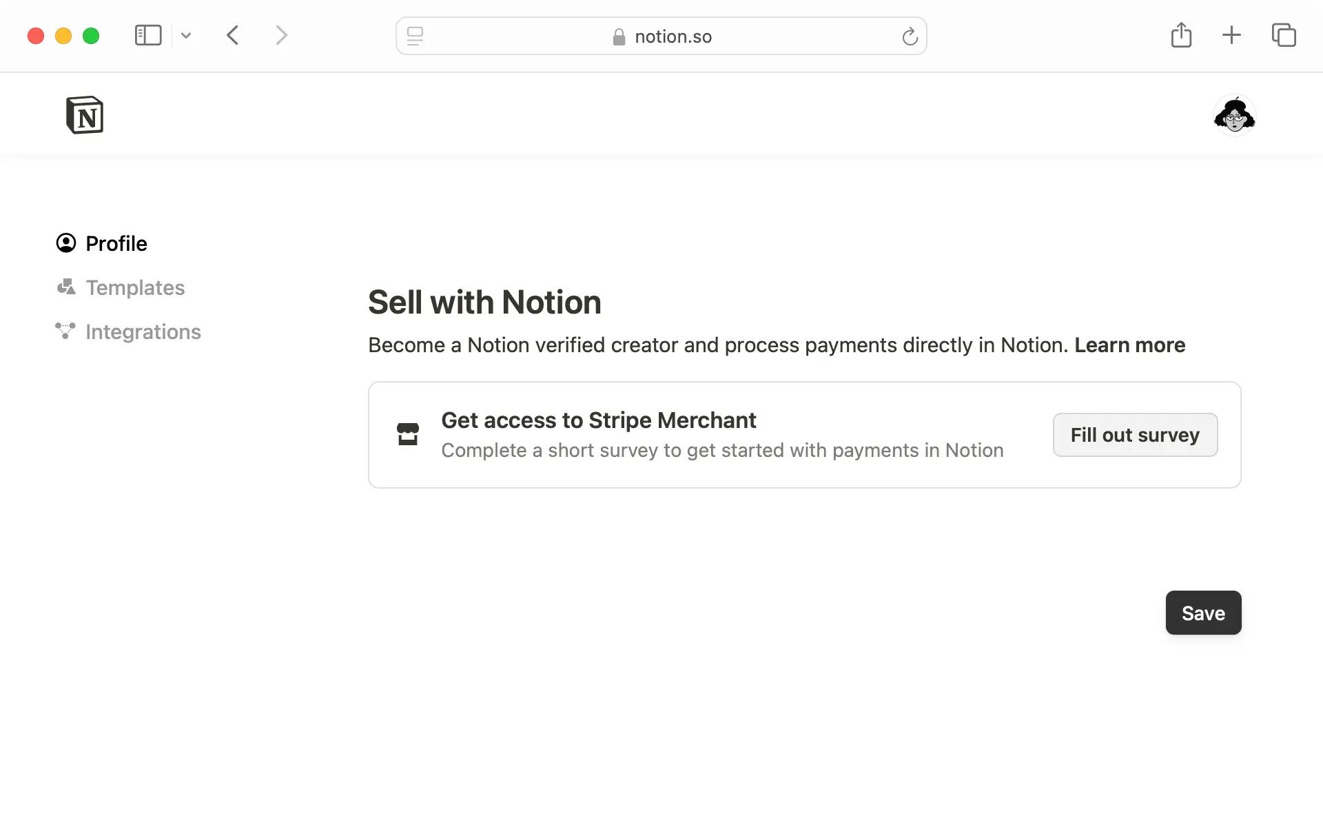 Si quieres usar Notion como plataforma de venta, rellena el cuestionario para acceder a Stripe Merchant.