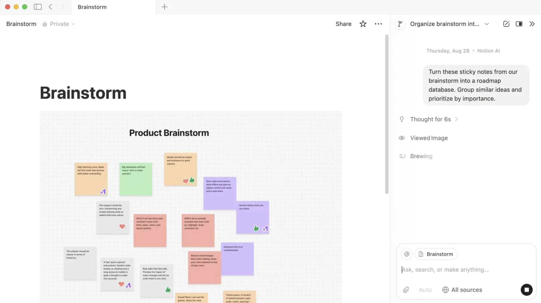 A Notion AI prompt to turn brainstorm notes into a roadmap database.