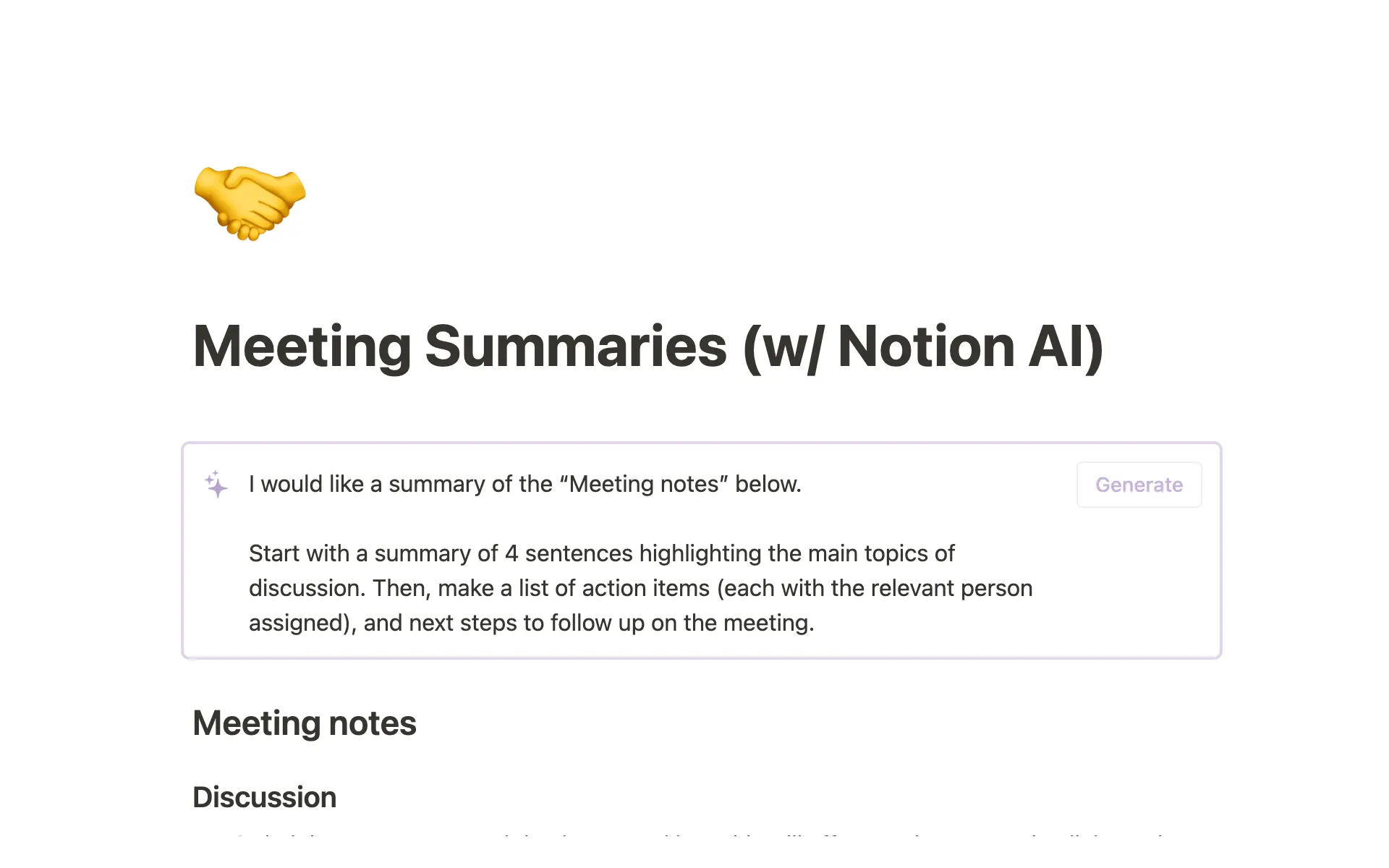 Notion AI prompts that instruct the tool to create a summary of meeting notes with action items