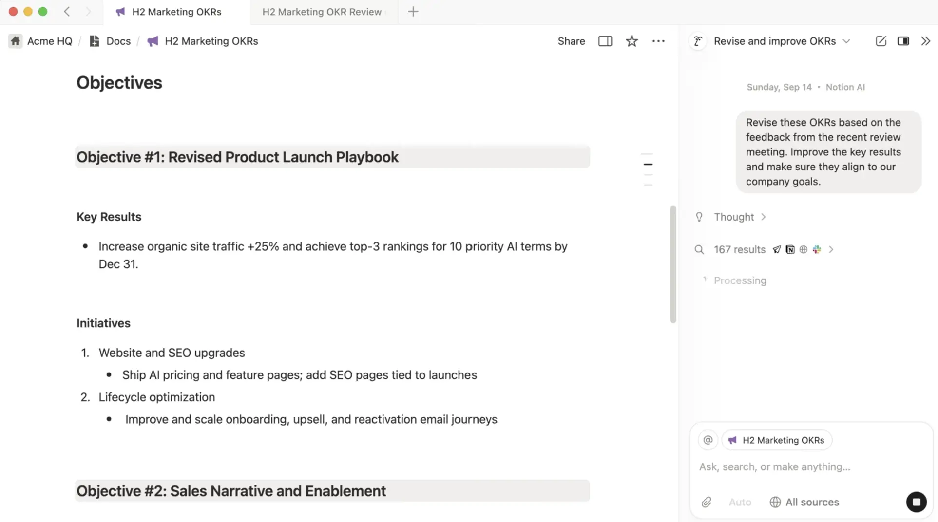 A screenshot of a prompt that asks a Notion AI Agent to revise existing OKRs based on meeting notes