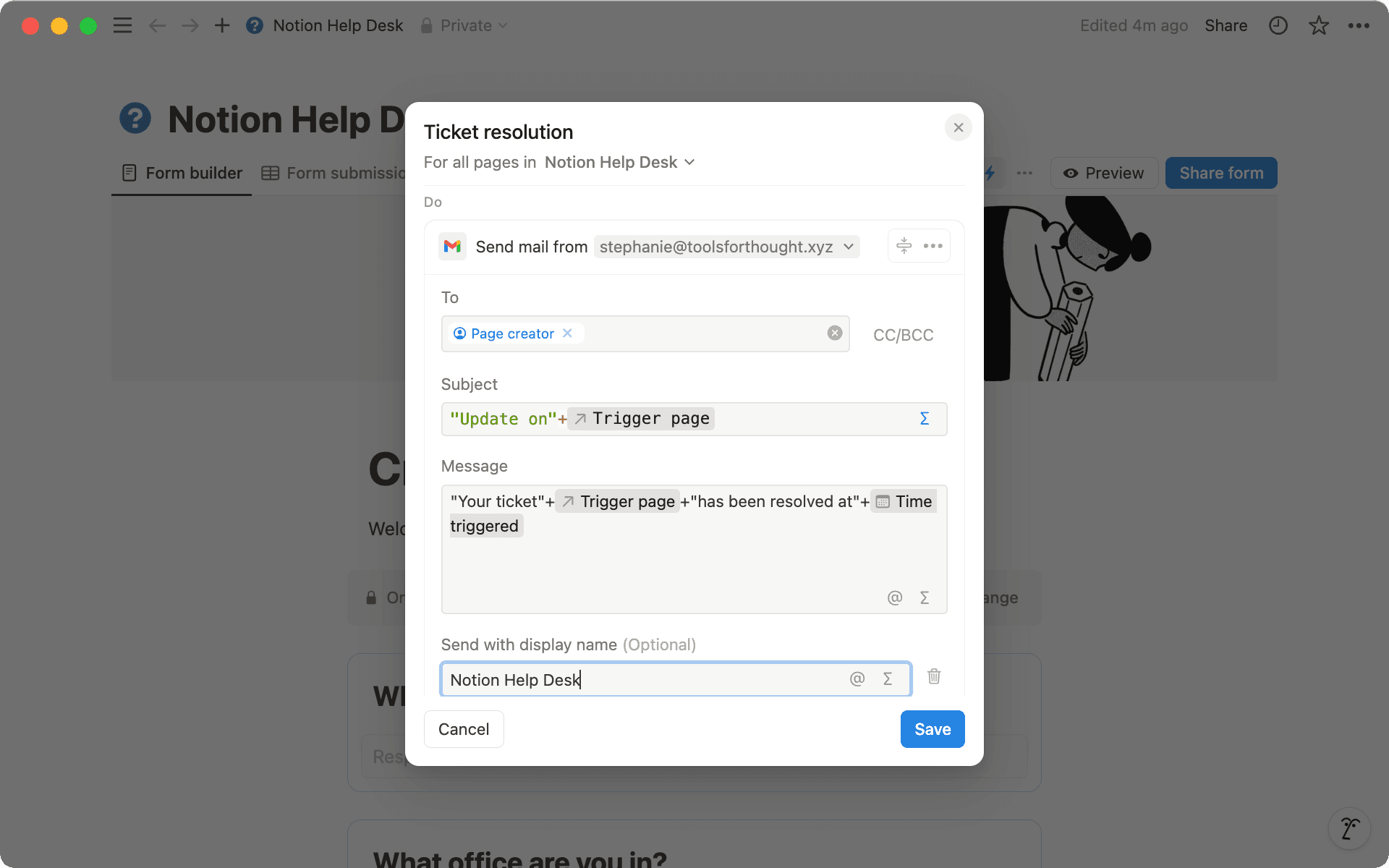 Personaliza las secciones «Asunto» y «Mensaje» de tu notificación mediante fórmulas