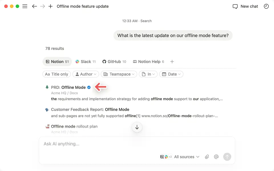 Verás una marca de verificación azul junto al contenido que Notion marcó «Verificado».