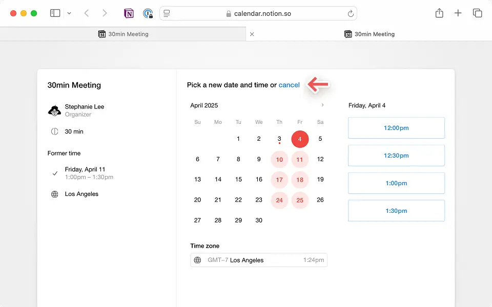 Haz clic en el enlace de una invitación del calendario por correo electrónico para reprogramarla o cancelarla.