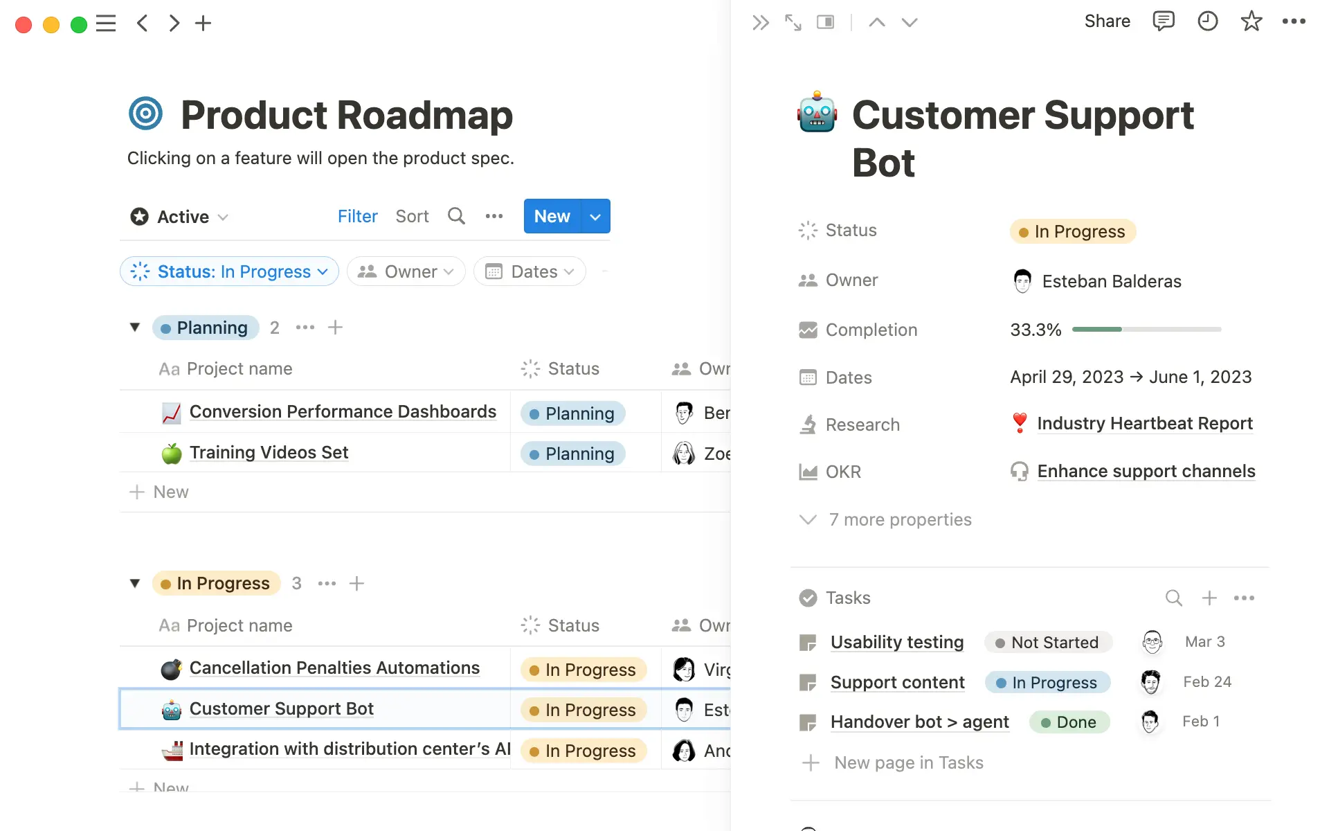 Usa bases de datos para conectar tu hoja de ruta con los proyectos y documentos.