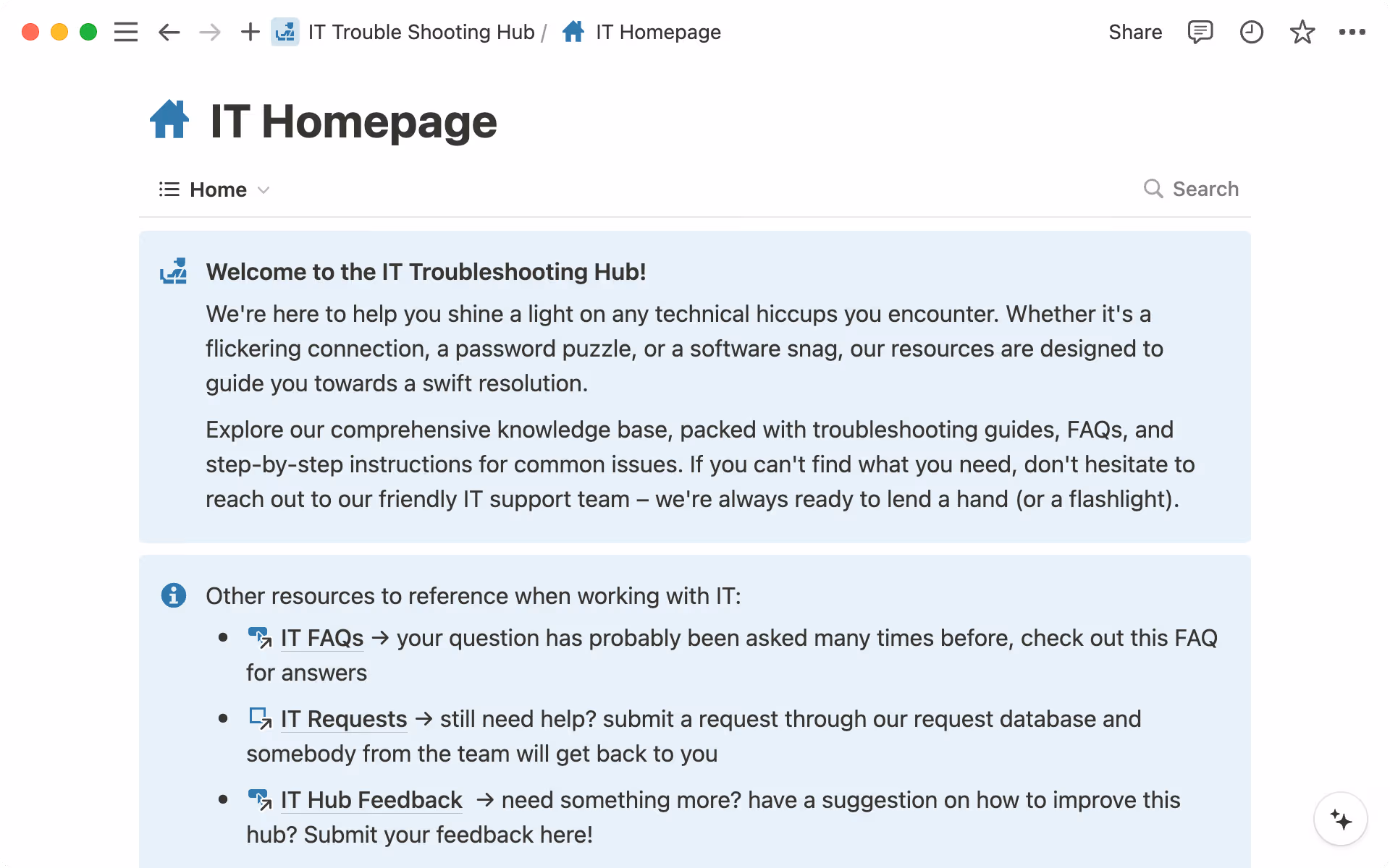 La página principal de tu centro de conocimiento fija el tono de lo que los usuarios finales encontrarán dentro, y hace las veces de wiki.