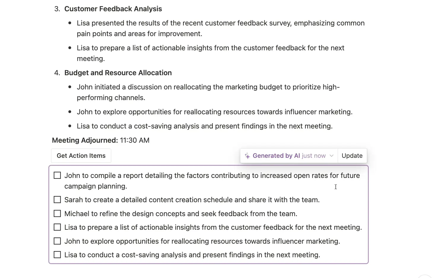 A Notion action item generator shows how AI pulls action items from notes and turns them into clear tasks.