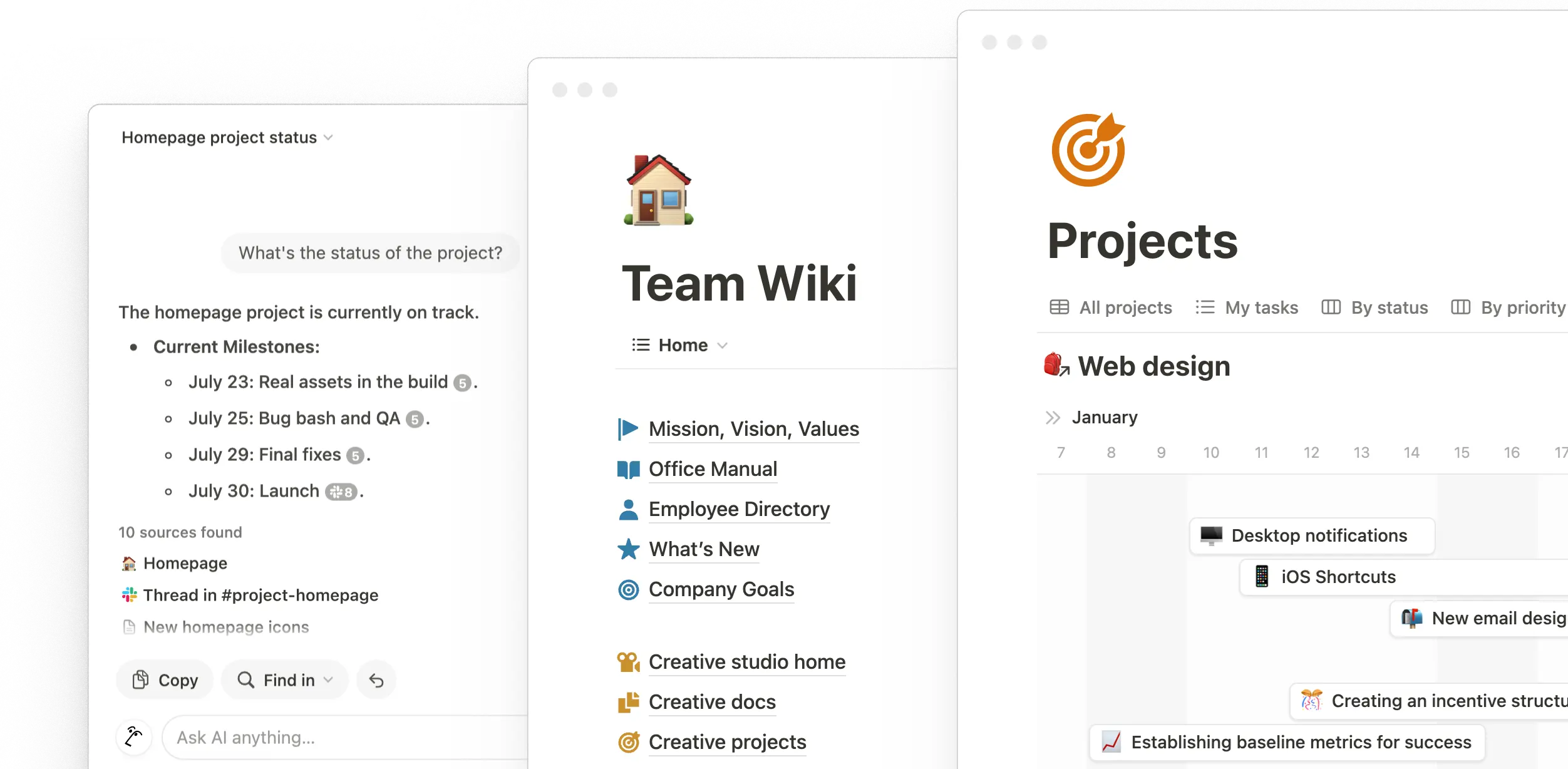 Espacio de trabajo de Notion con la lista de tareas al lado de una wiki de equipo