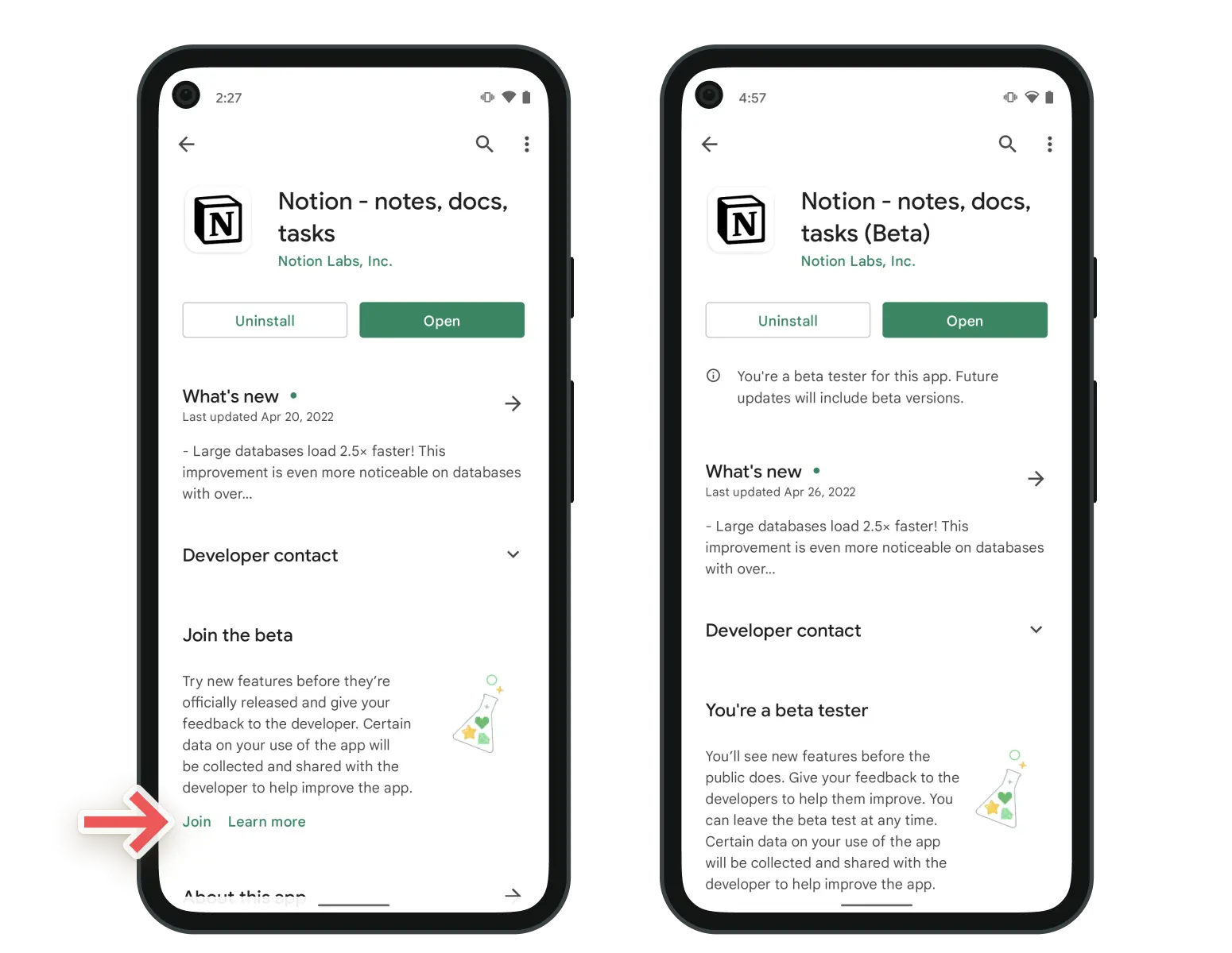 Capturas de pantalla del registro en la versión beta de Notion para Android en Google Play Store.