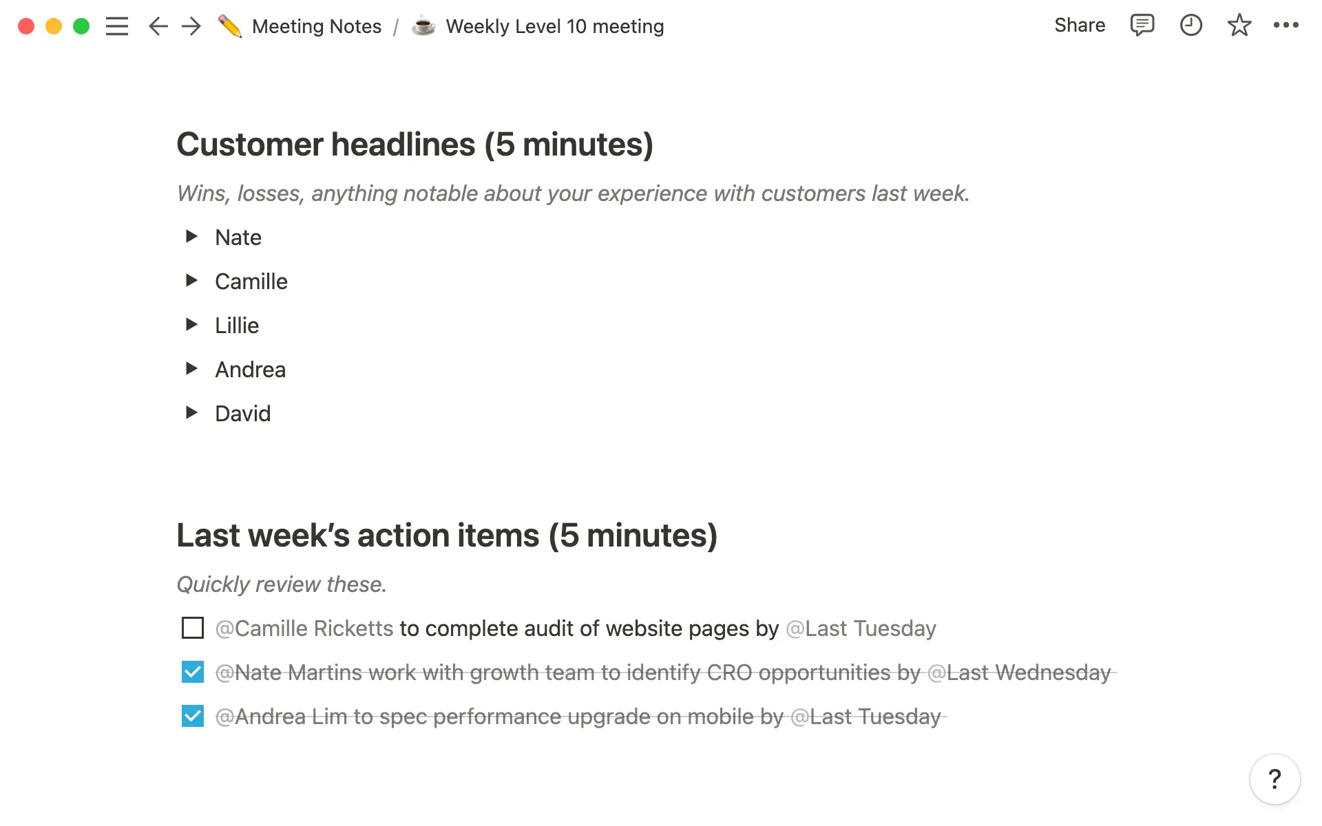 Etiqueta a las personas y las fechas para asegurarte de que las acciones se cumplen.