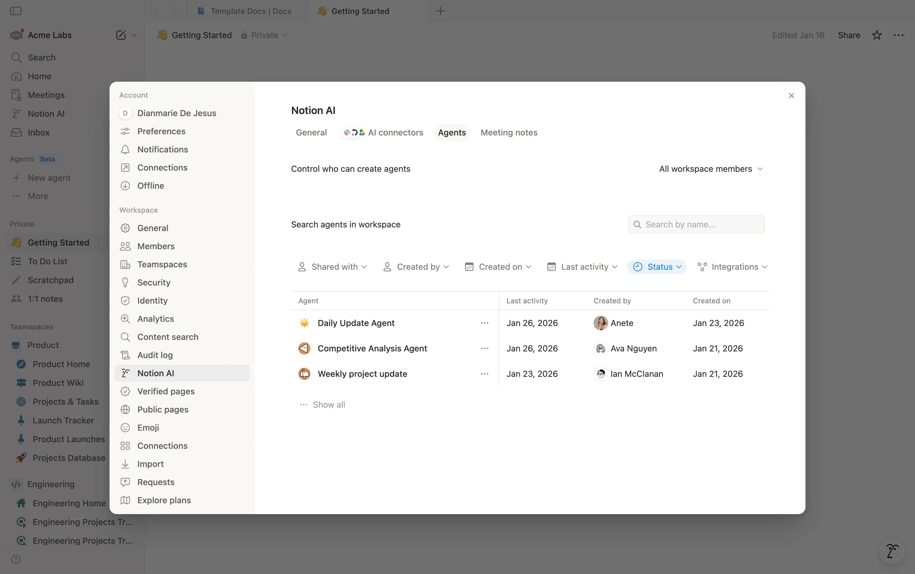 Imagen del directorio de agentes dentro de la IA de Notion.