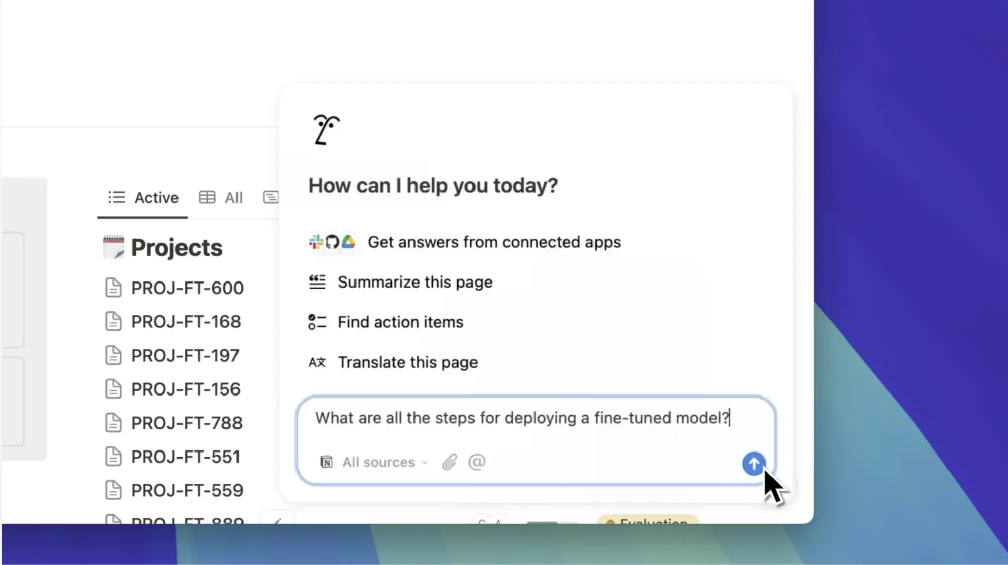 A user enters a query into Notion to search their company’s knowledge database.