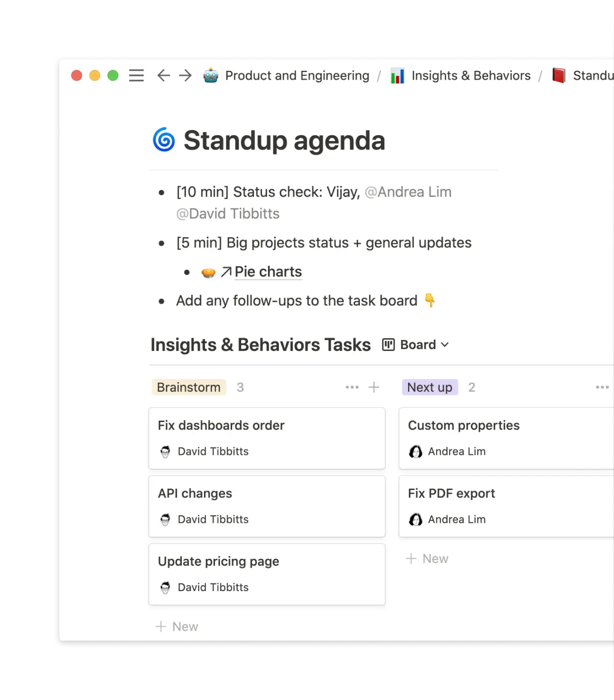 Embed a kanban board alongside notes, all in the same doc.