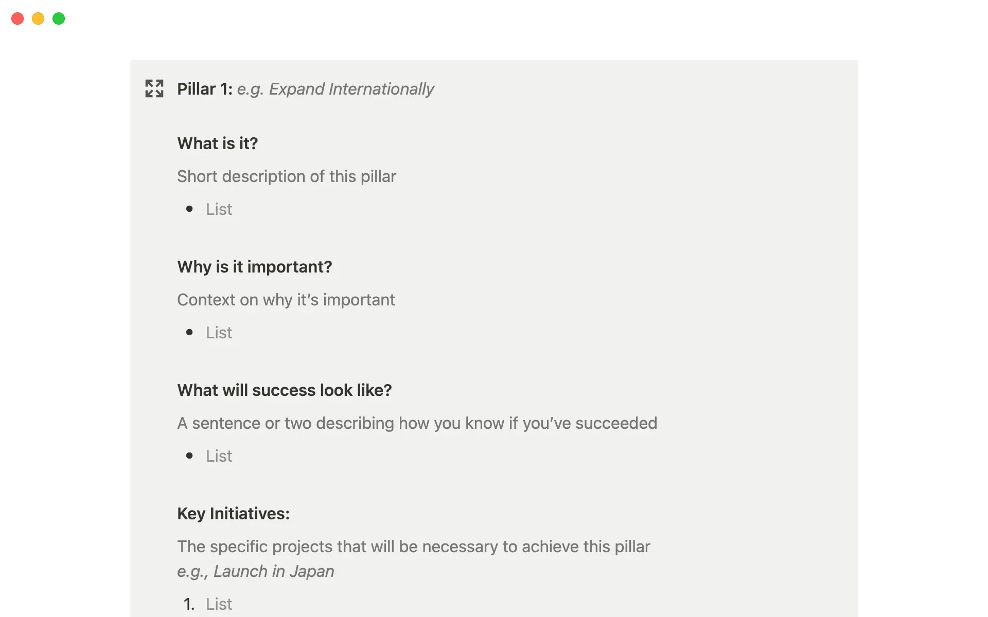 Construye cada pilar estratégico definiendo el qué, el porqué, las métricas de éxito y las iniciativas clave.