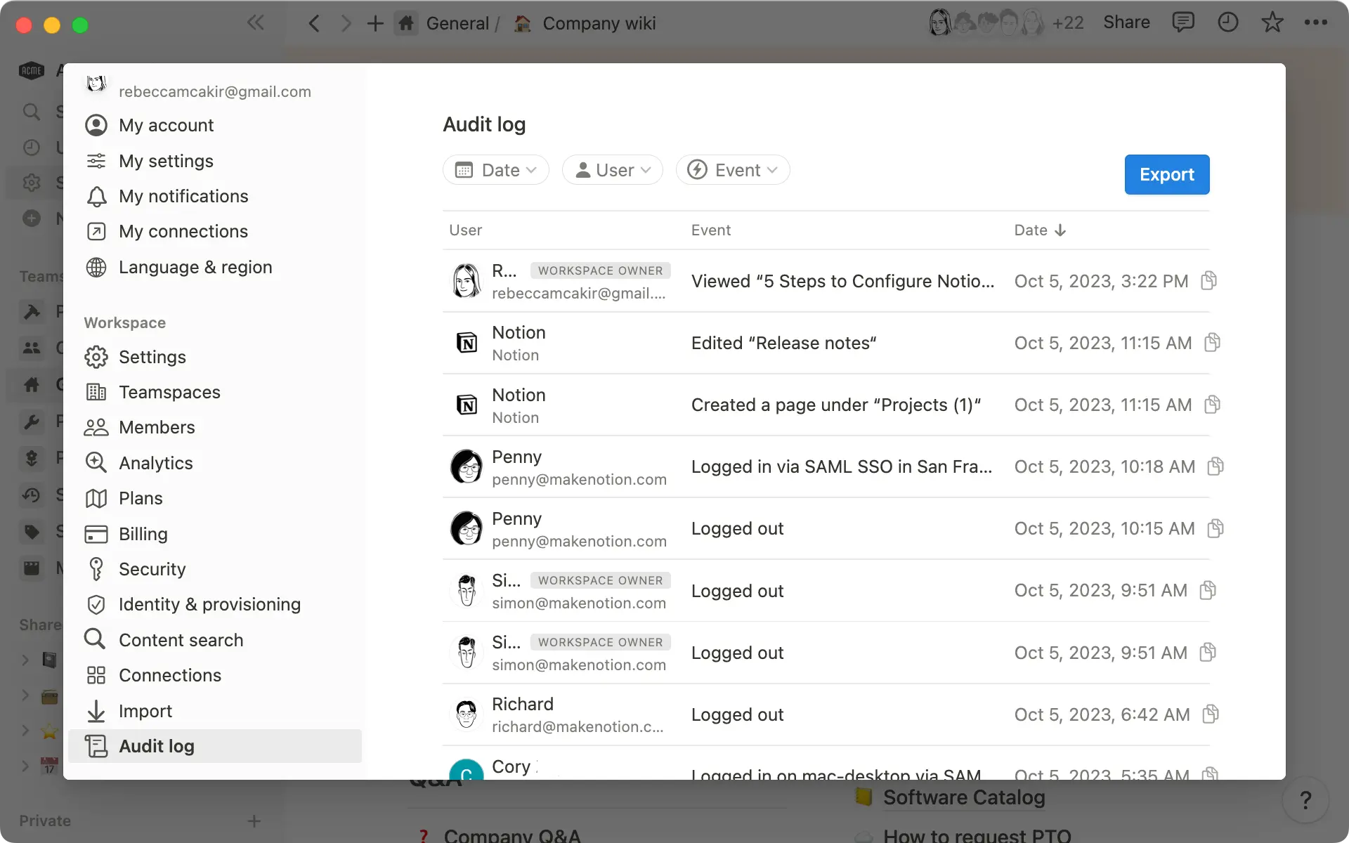 El registro de auditoría permite a los propietarios del espacio de trabajo ver todos los eventos que tienen lugar en el espacio.