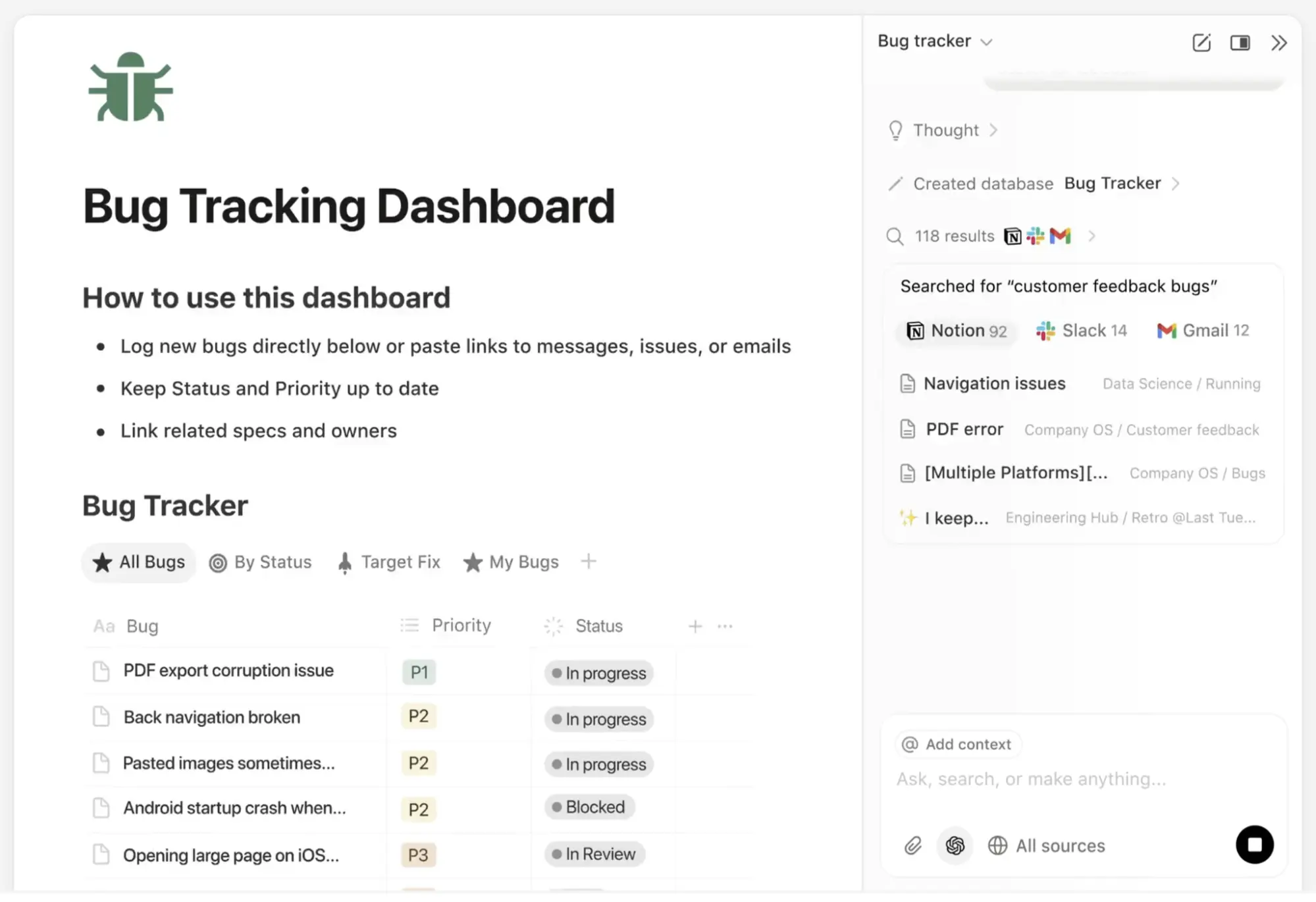 A screenshot that shows an example of a bug tracking dashboard that Notion AI created