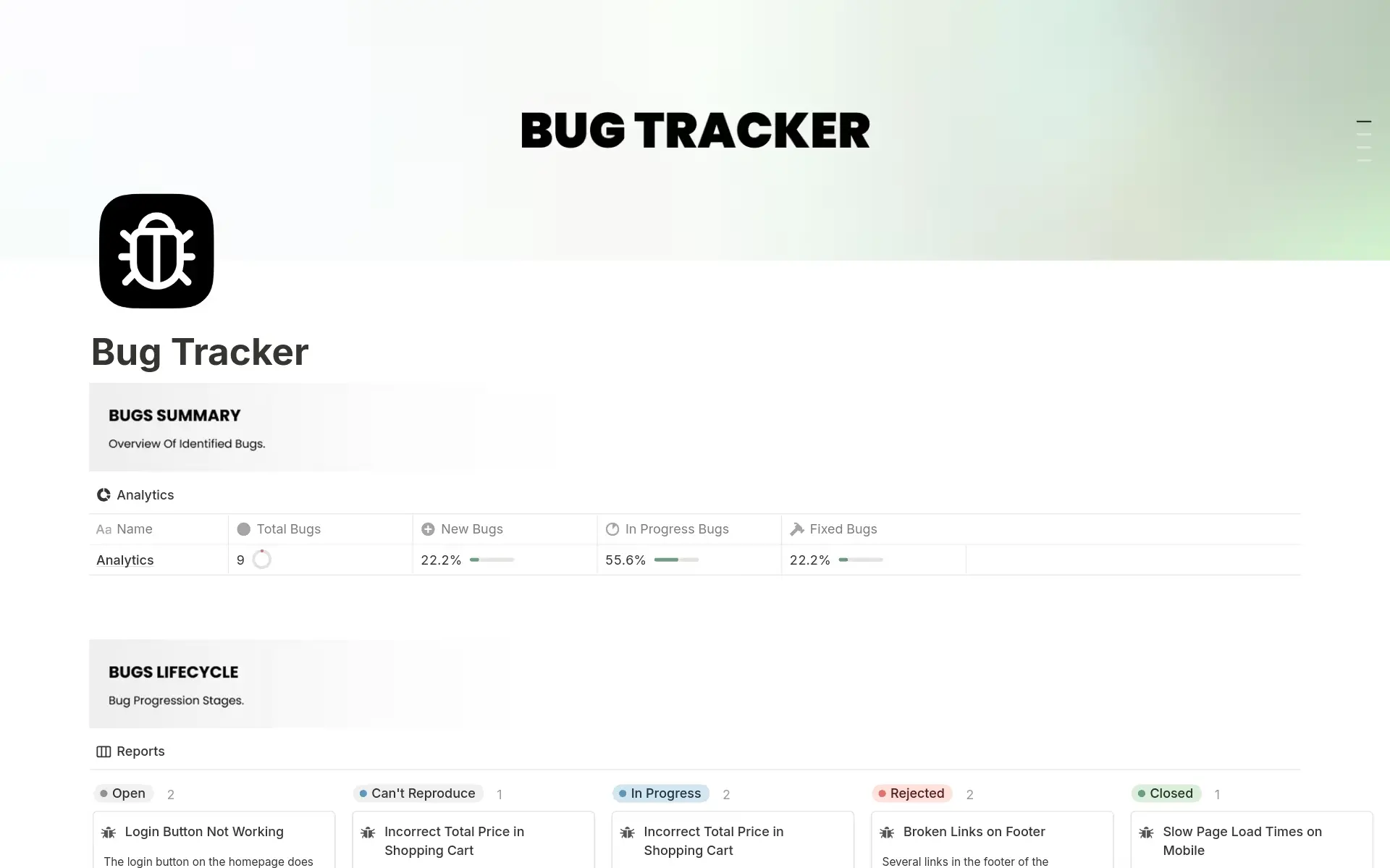 A bug and issue tracking template in Notion
