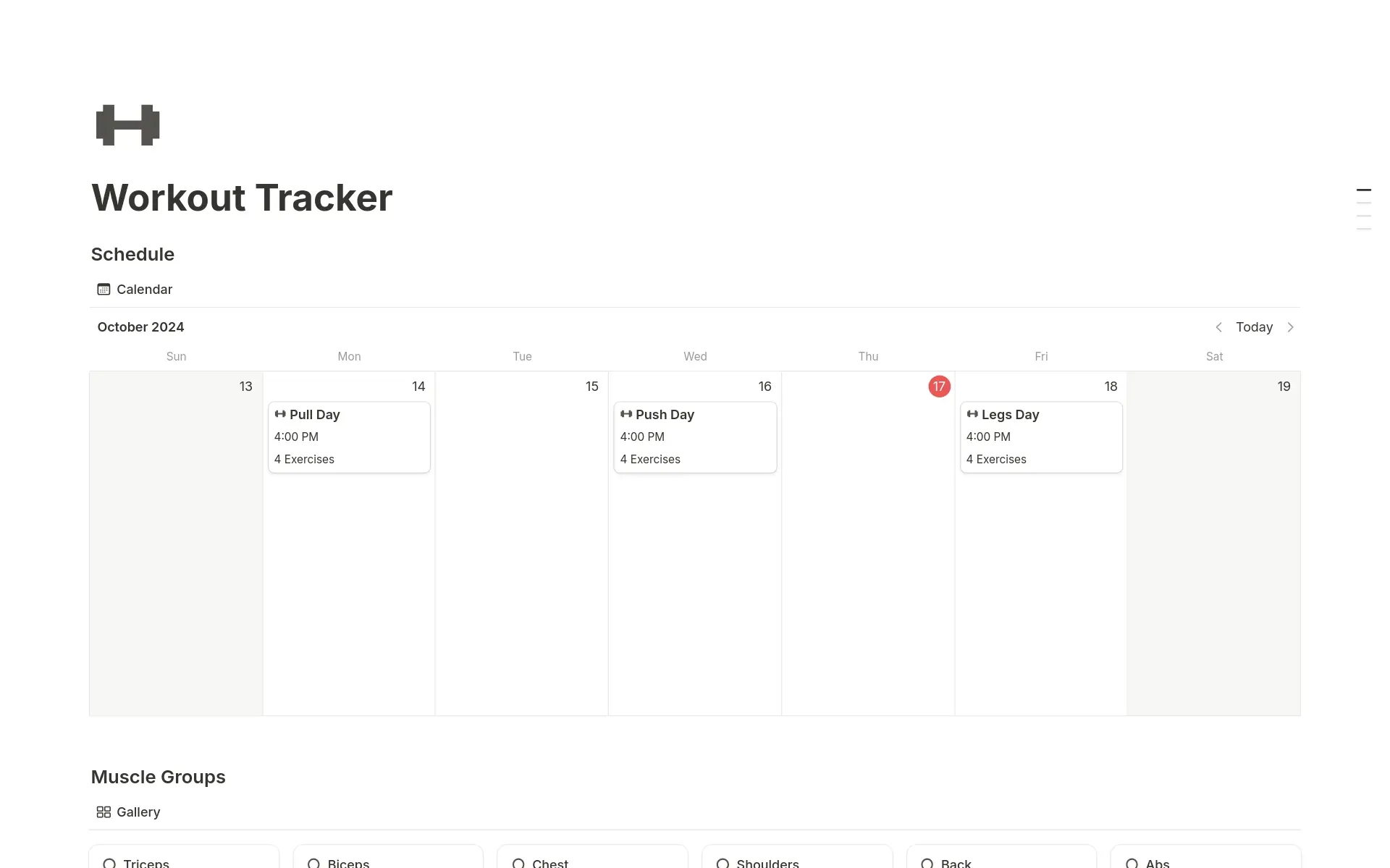 Screenshot of Top Free Workout Planner Templates collection by Notion